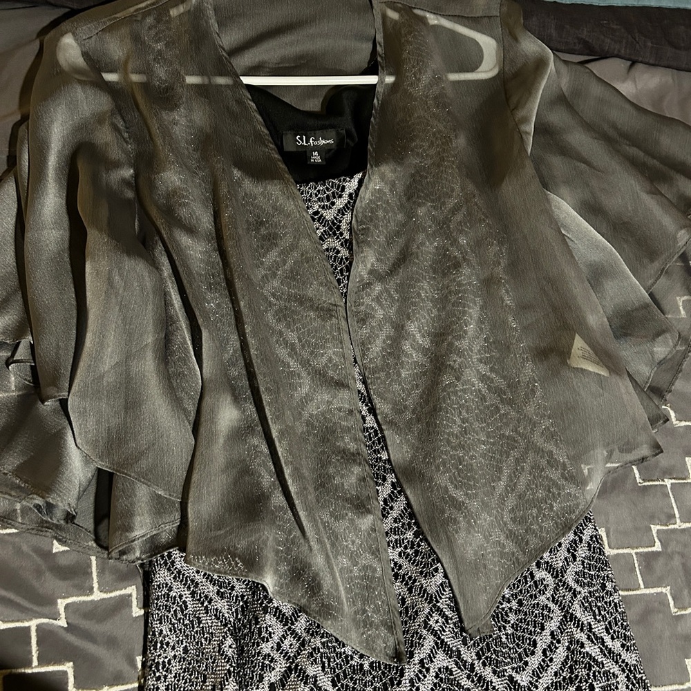 SL Fashions Sheer Silver Cardigan with Black and White Dress